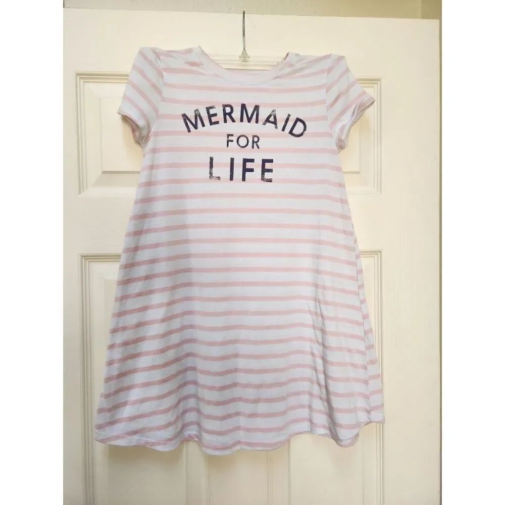 Mermaid for Life girls Medium cat & jack pink white striped pullover dress mini